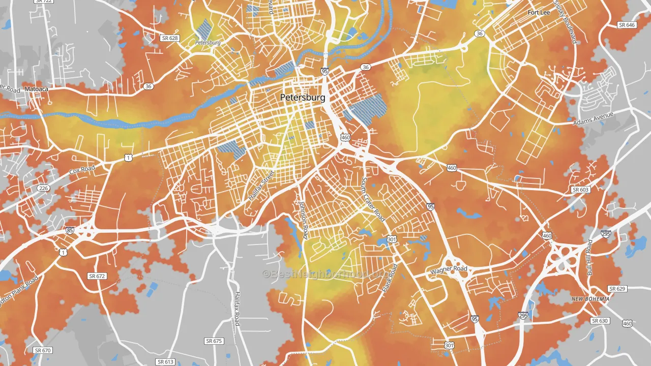 Bike Grade map of Petersburg City, VA