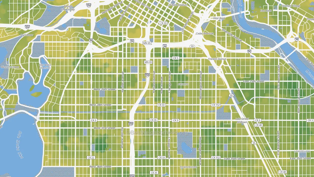 Bike Grade map of Phillips West, Minneapolis, MN