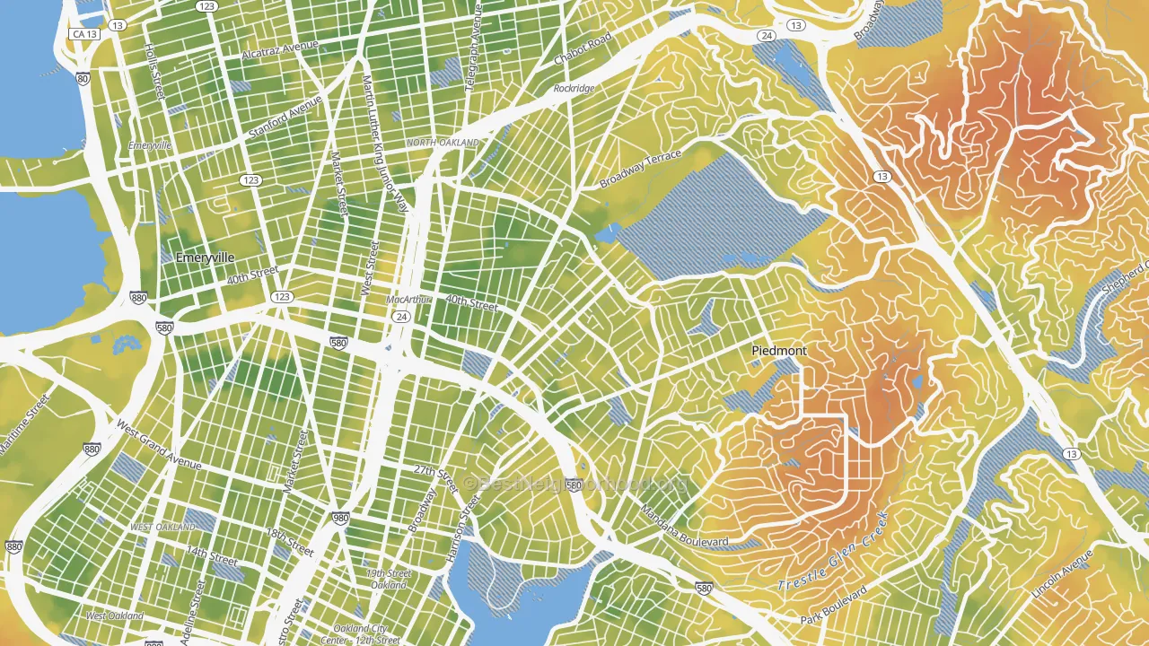 Bike Grade map of Piedmont Avenue, Oakland, CA