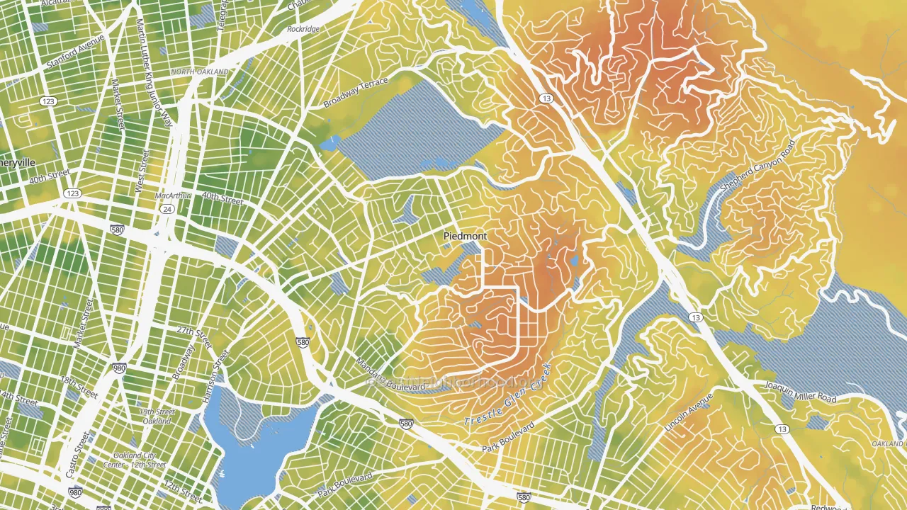 Bike Grade map of Piedmont, CA