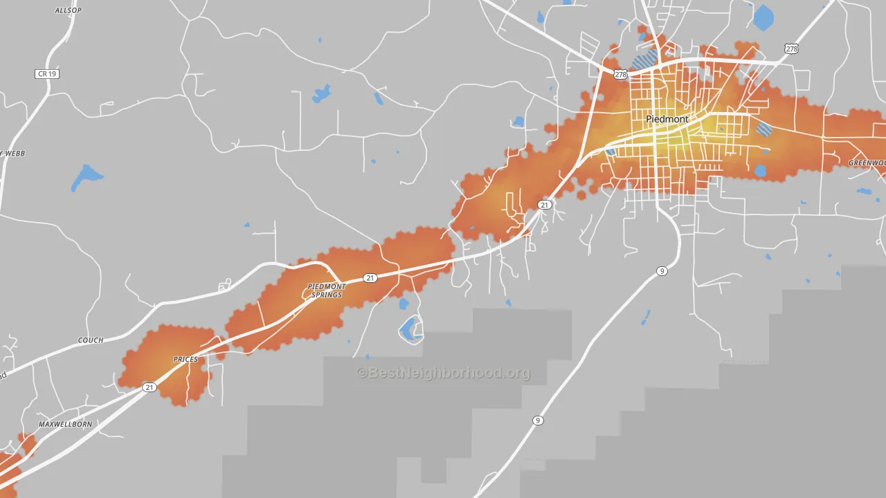 Bike Grade map of Piedmont Springs, AL