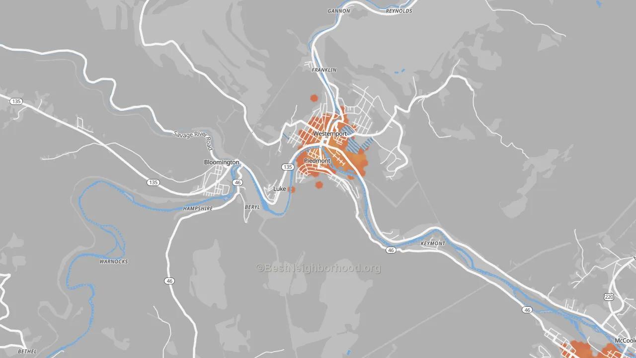 Bike Grade map of Piedmont, WV