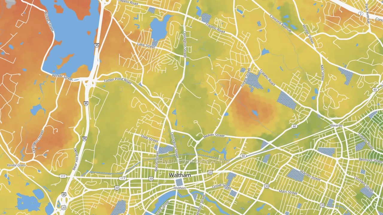 Bike Grade map of Piety Corner, Waltham, MA