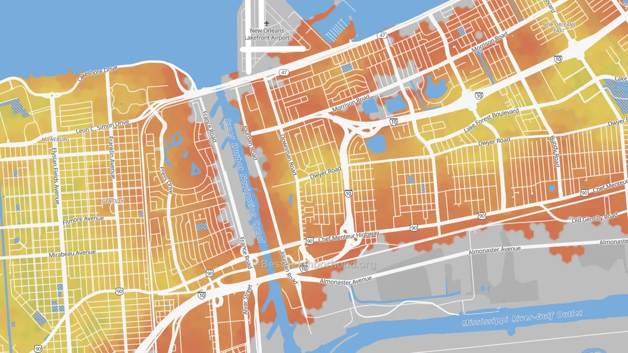 Bike Grade map of Pines Village, New Orleans, LA
