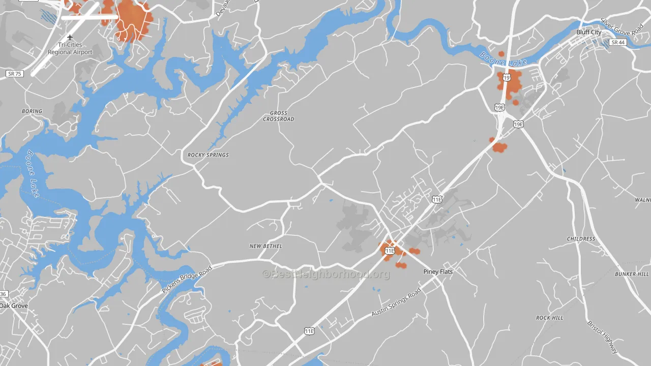 Bike Grade map of Piney Flats, TN