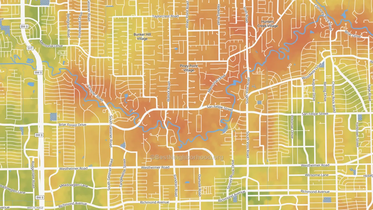 Bike Grade map of Piney Point Village, TX