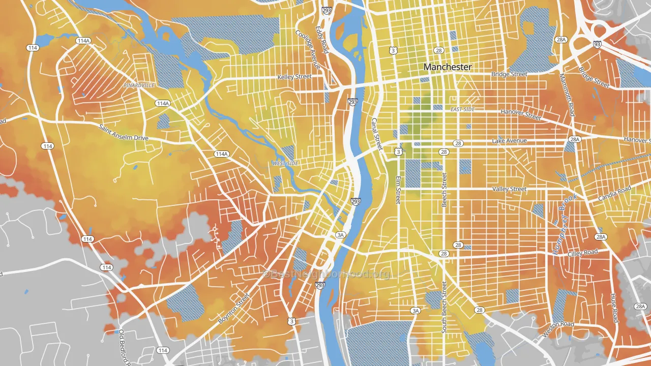 Bike Grade map of Piscataquog, Manchester, NH