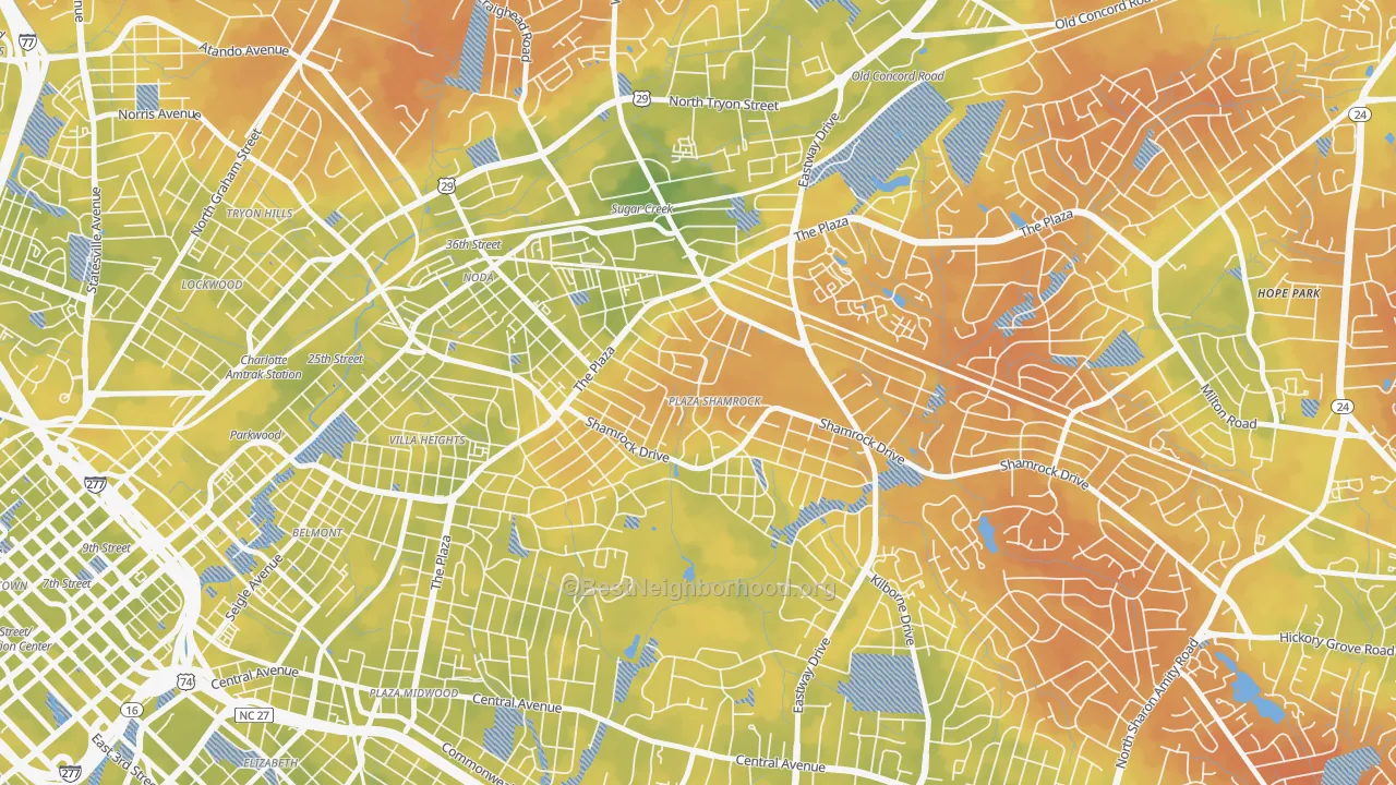Bike Grade map of Plaza-Shamrock, Charlotte, NC