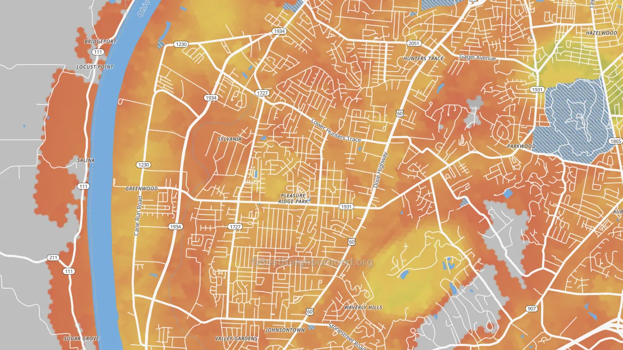 Bike Grade map of Pleasure Ridge Park, Louisville, KY