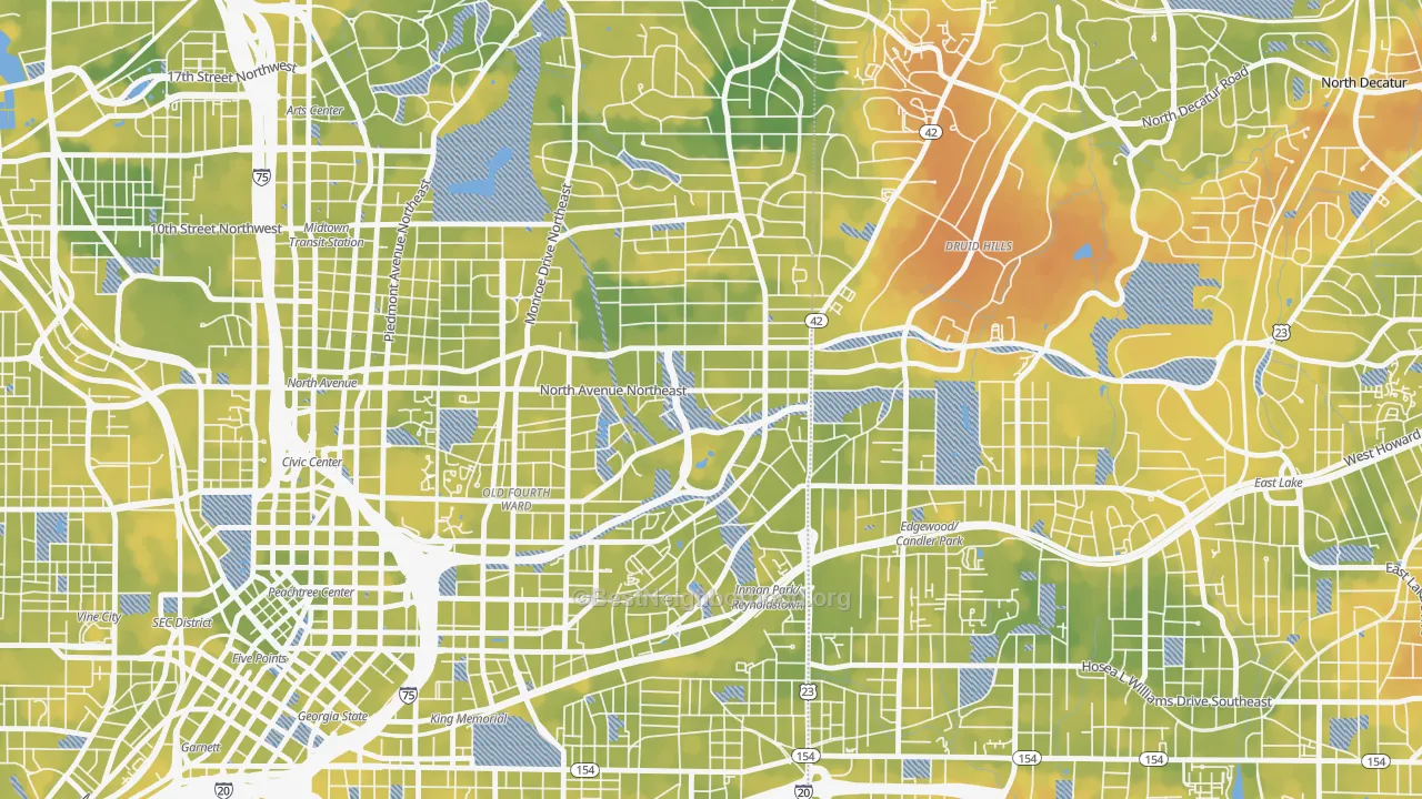 Bike Grade map of Poncey-Highland, Atlanta, GA