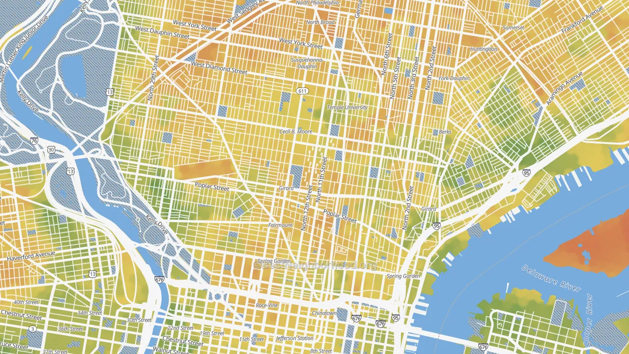 Bike Grade map of Poplar-Ludlow-Yorktowne, Philadelphia, PA