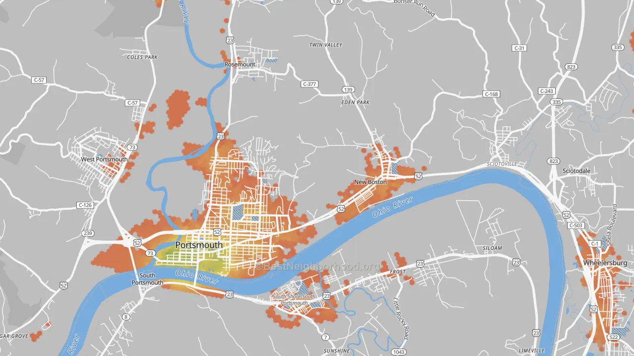 Bike Grade map of Portsmouth, OH