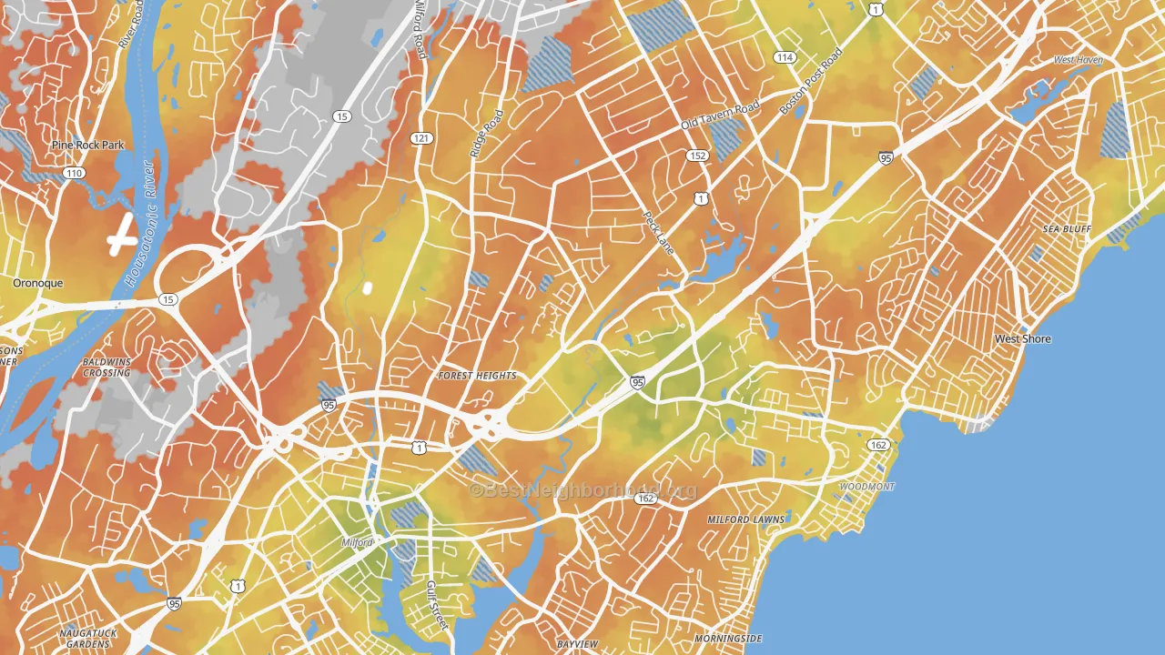 Bike Grade map of Post Road North, Milford, CT
