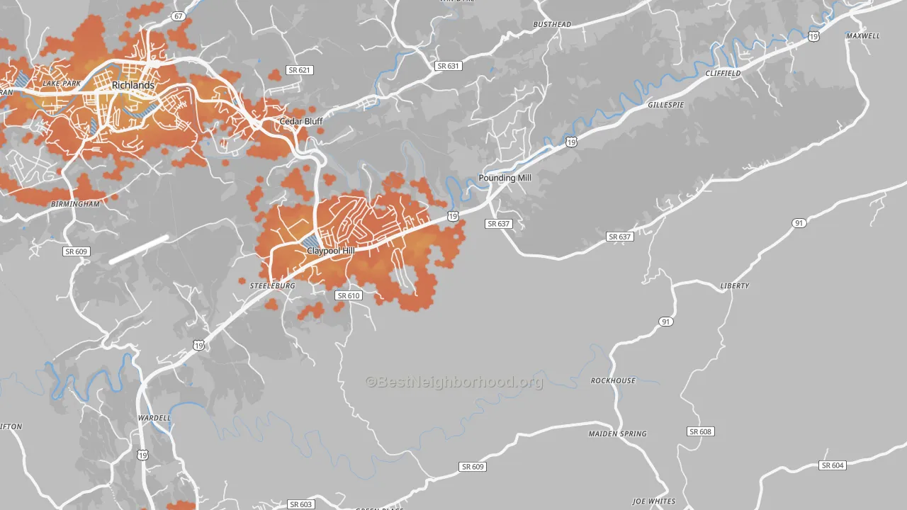 Bike Grade map of Pounding Mill, VA