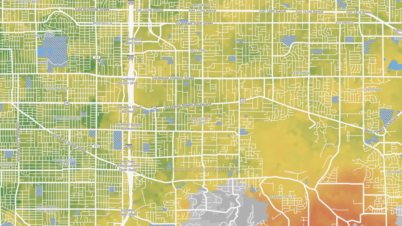 Bike Grade map of Powellhurst-Gilbert, Portland, OR