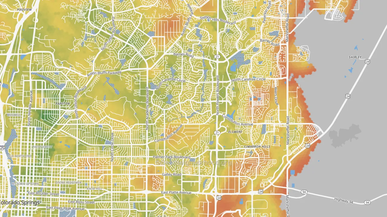 Bike Grade map of Powers, Colorado Springs, CO