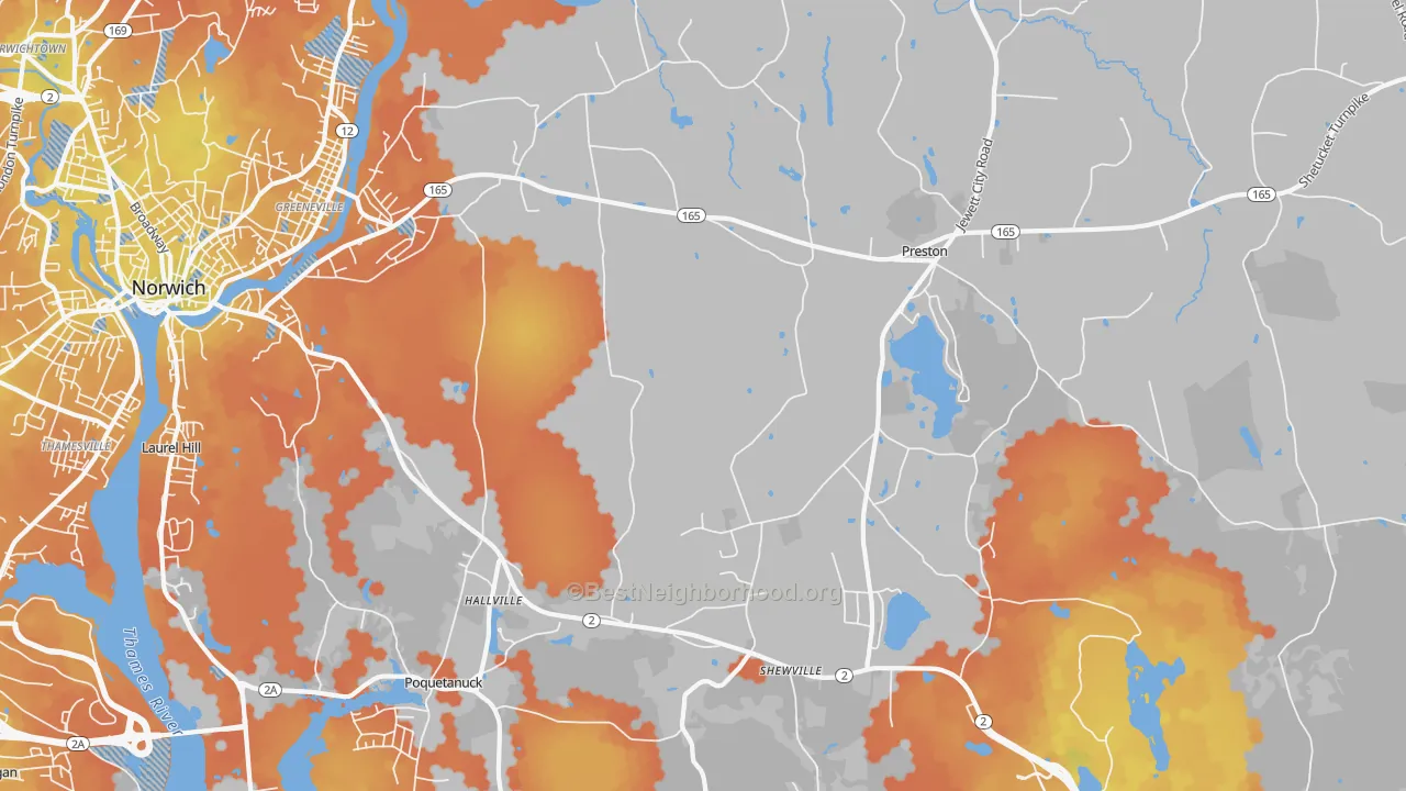 Bike Grade map of Preston, CT