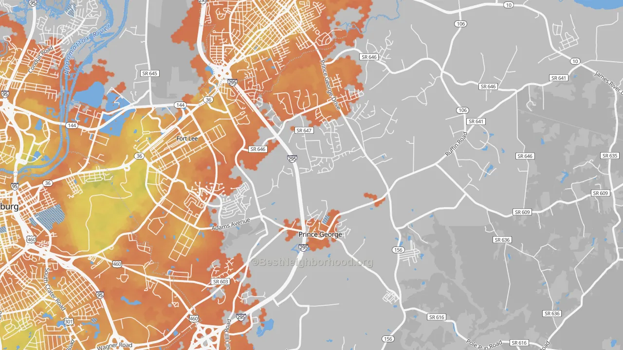 Bike Grade map of Prince George, VA