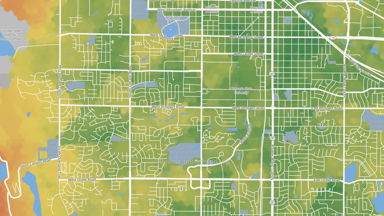 Bike Grade map of Prospect-Shields, Fort Collins, CO