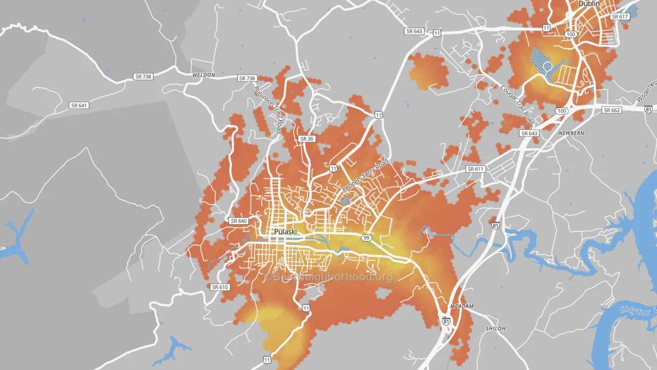 Bike Grade map of Pulaski, VA