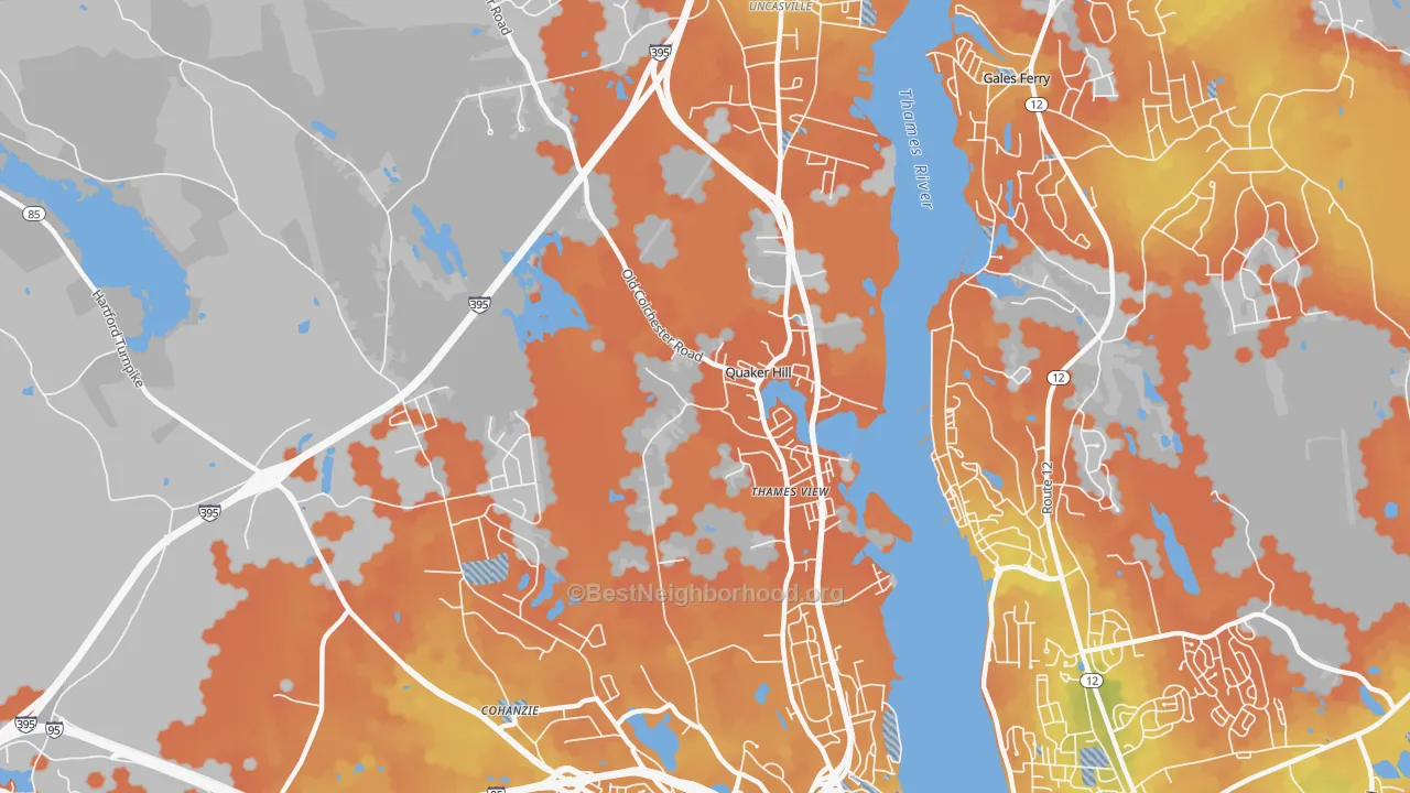 Bike Grade map of Quaker Hill, CT