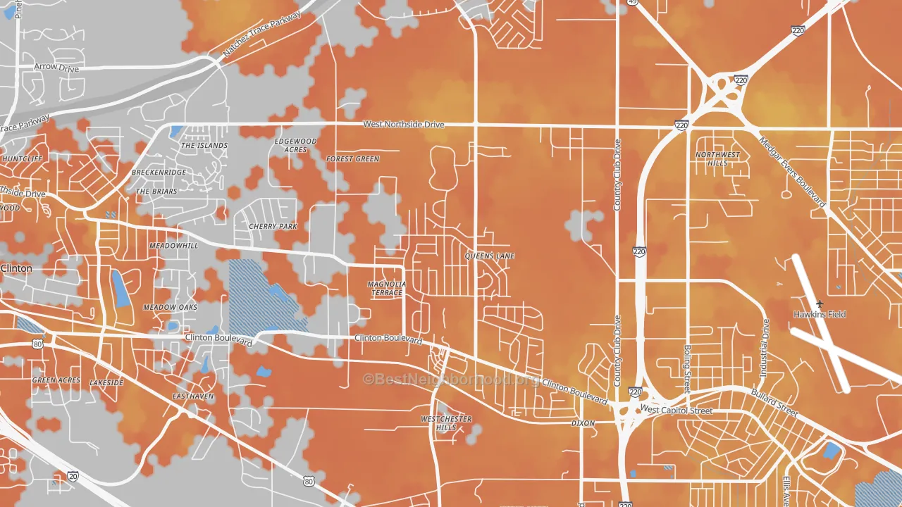 Bike Grade map of Queens-Magnolia Terrace, Jackson, MS