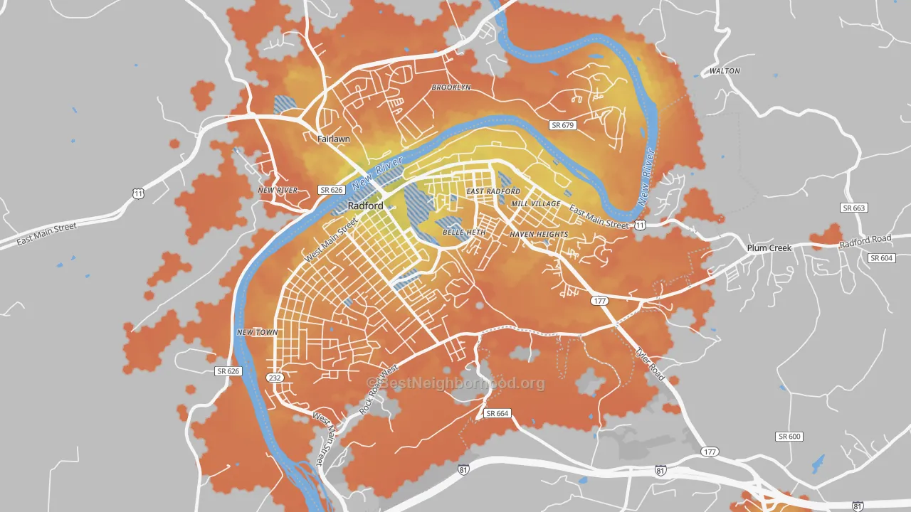 Bike Grade map of Radford City, VA