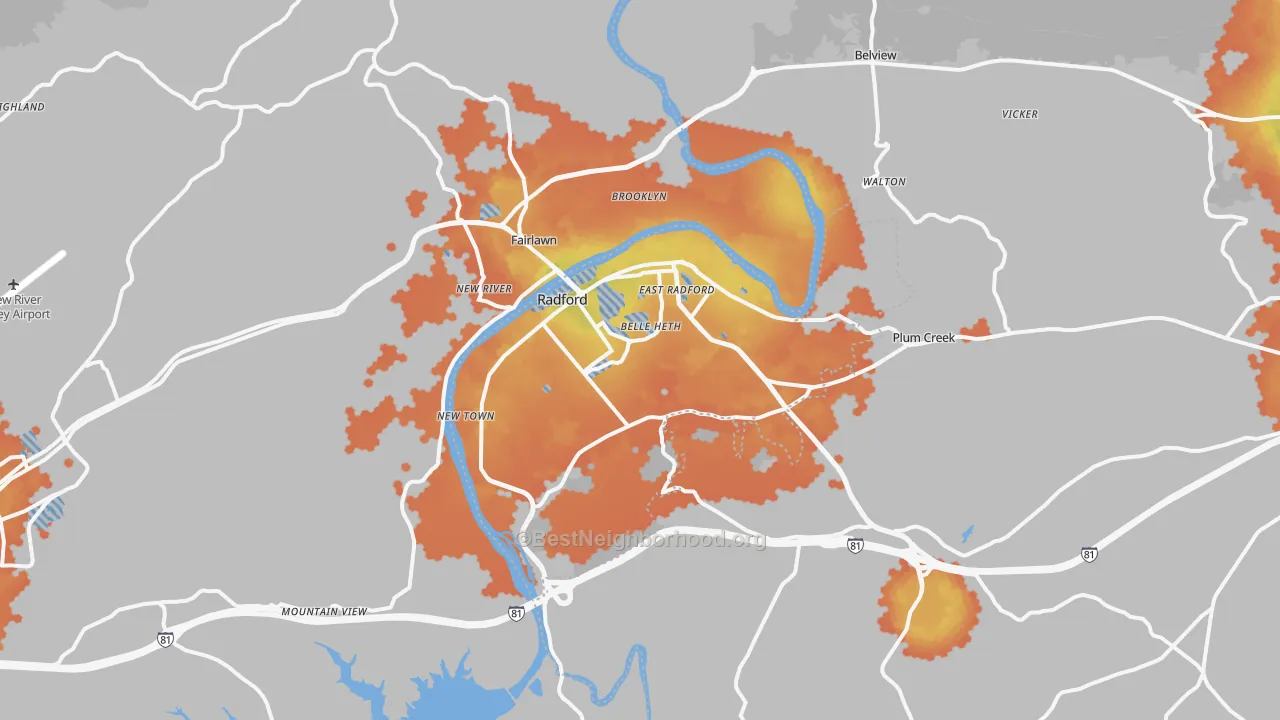 Bike Grade map of Radford, VA