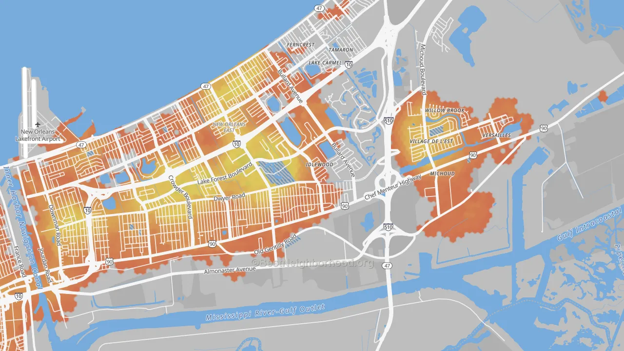 Bike Grade map of Read Blvd East, New Orleans, LA