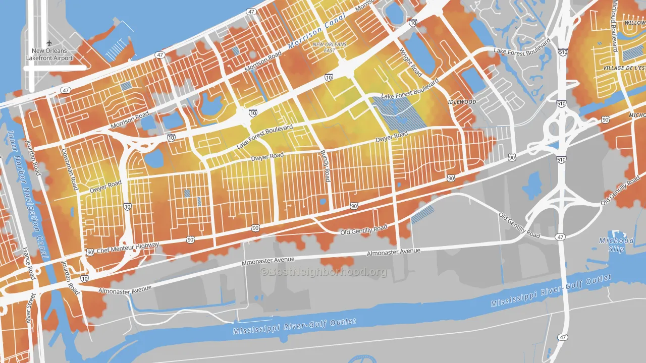 Bike Grade map of Read Blvd West, New Orleans, LA