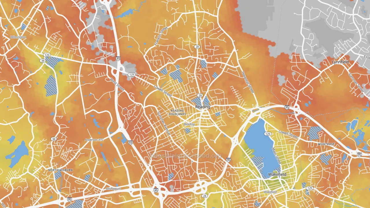 Bike Grade map of Reading, MA