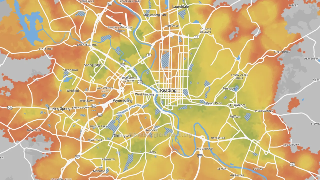 Bike Grade map of Reading, PA