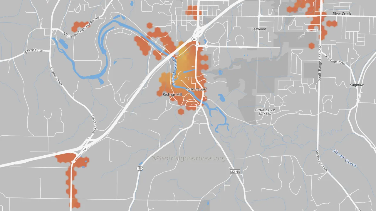Bike Grade map of Redings Mill, MO