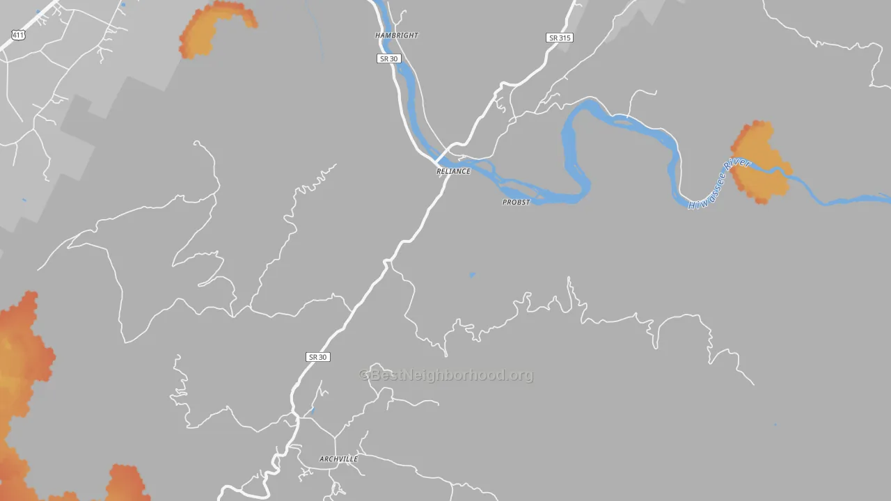 Bike Grade map of Reliance, TN
