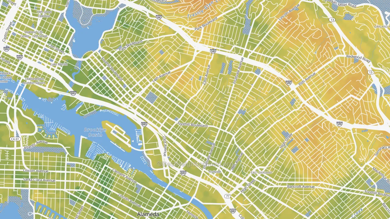 Bike Grade map of Reservoir Hills, Oakland, CA