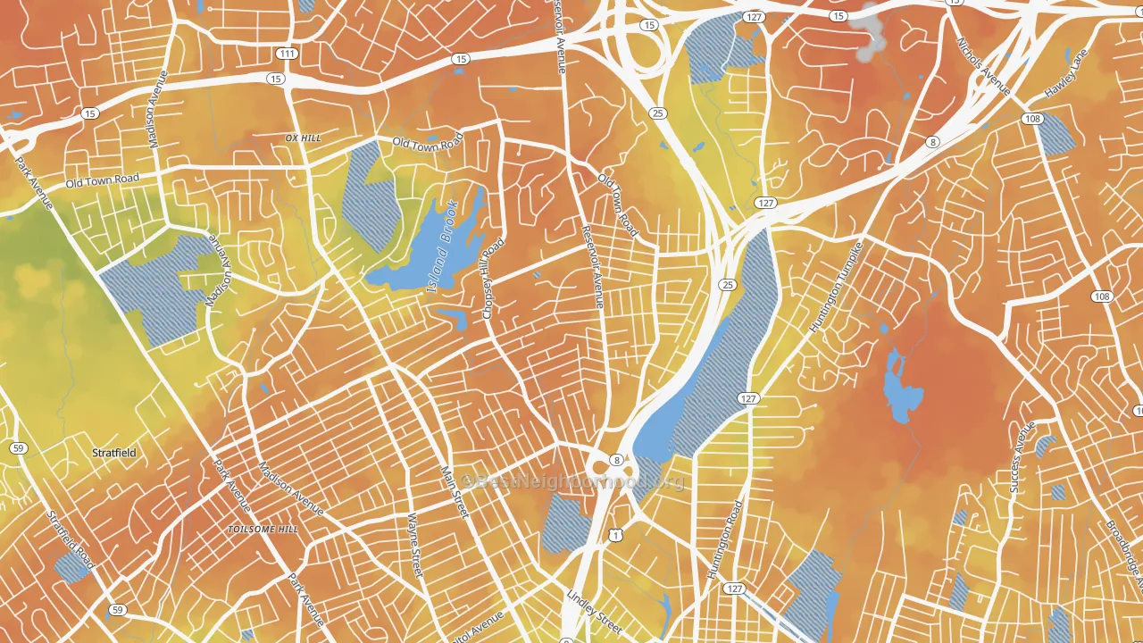 Bike Grade map of Reservoir-Whiskey Hill, Bridgeport, CT