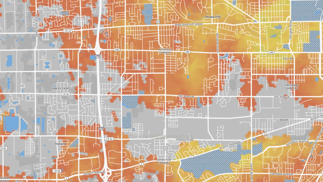 Bike Grade map of Reynolds Corners, Toledo, OH