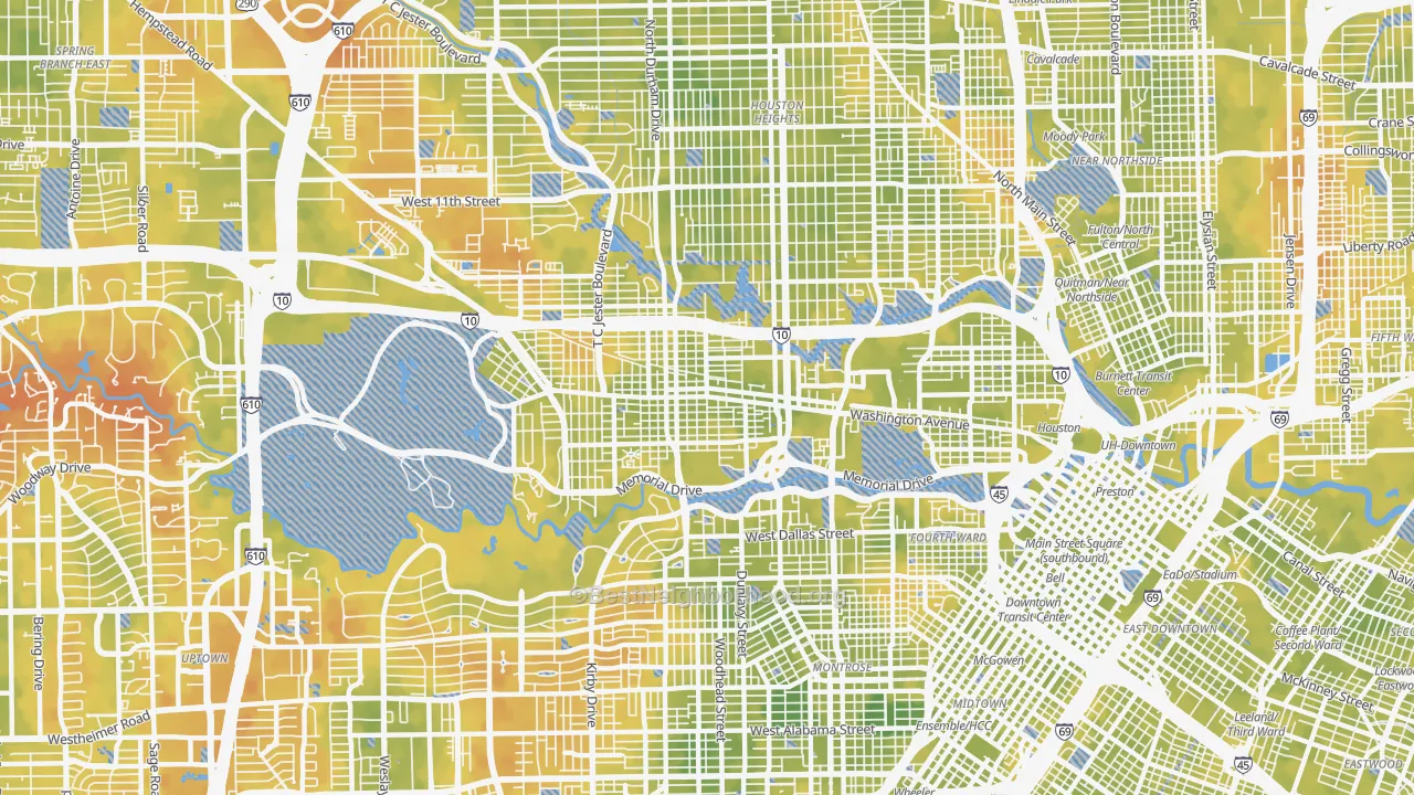 Bike Grade map of Rice Military, Houston, TX