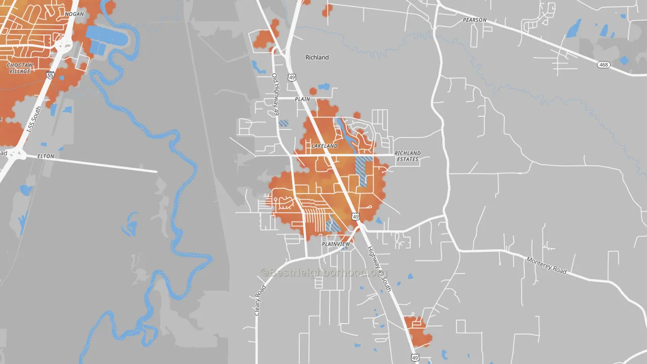 Bike Grade map of Richland, MS