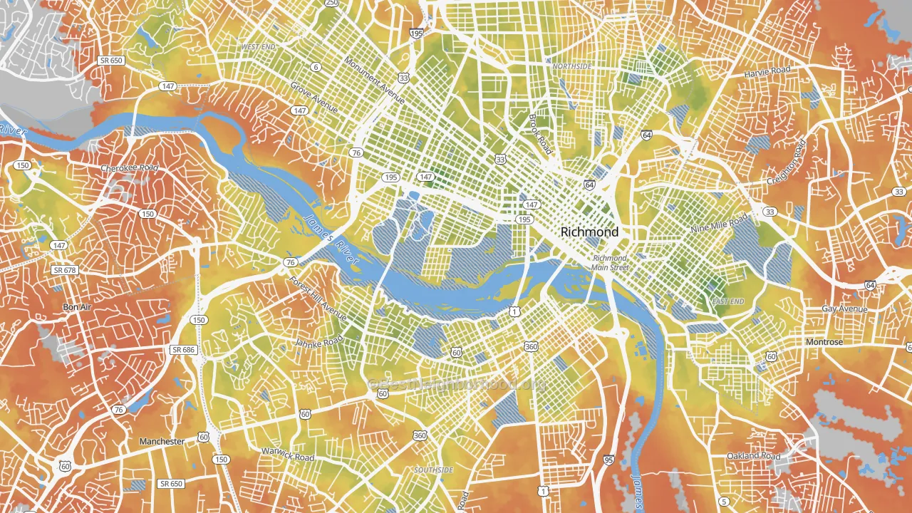 Bike Grade map of Richmond City, VA