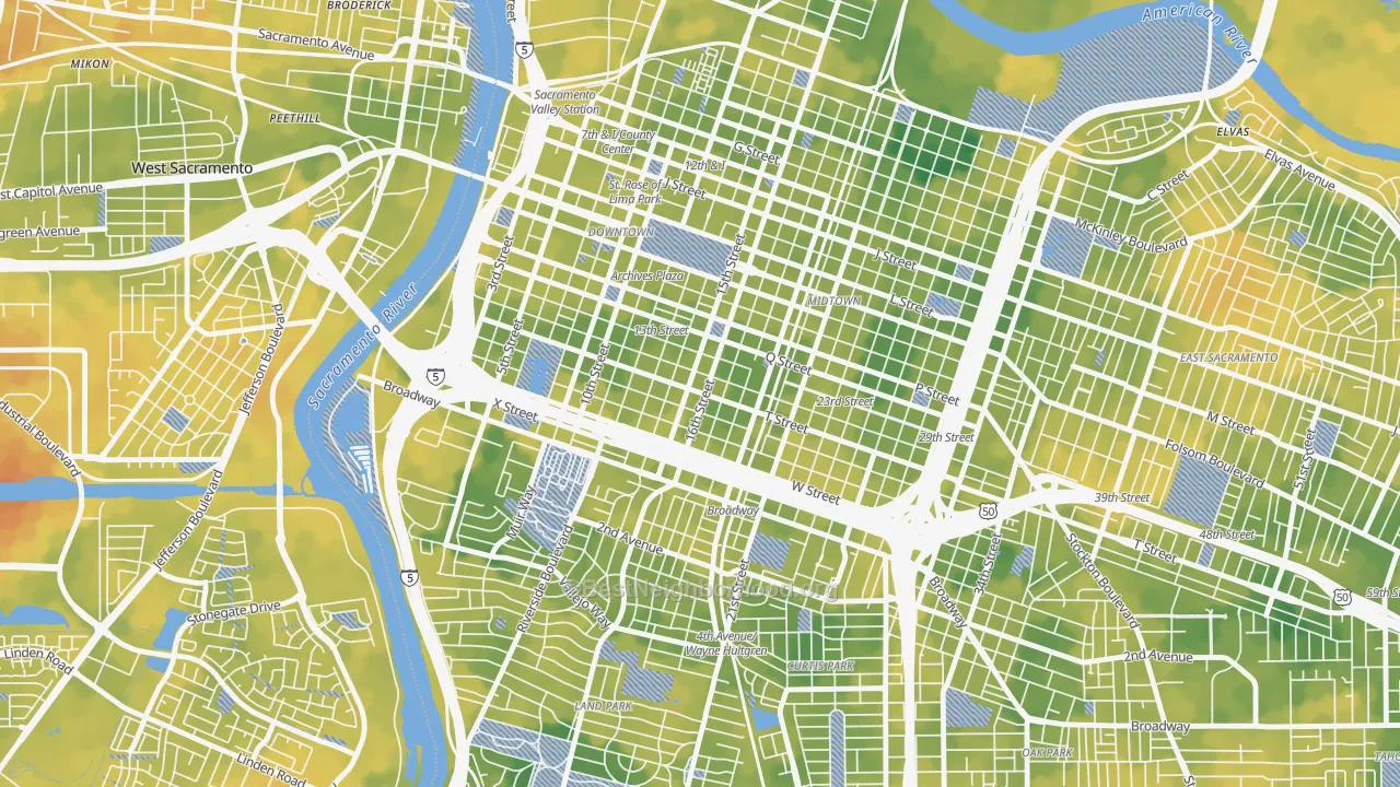 Bike Grade map of Richmond Grove, Sacramento, CA