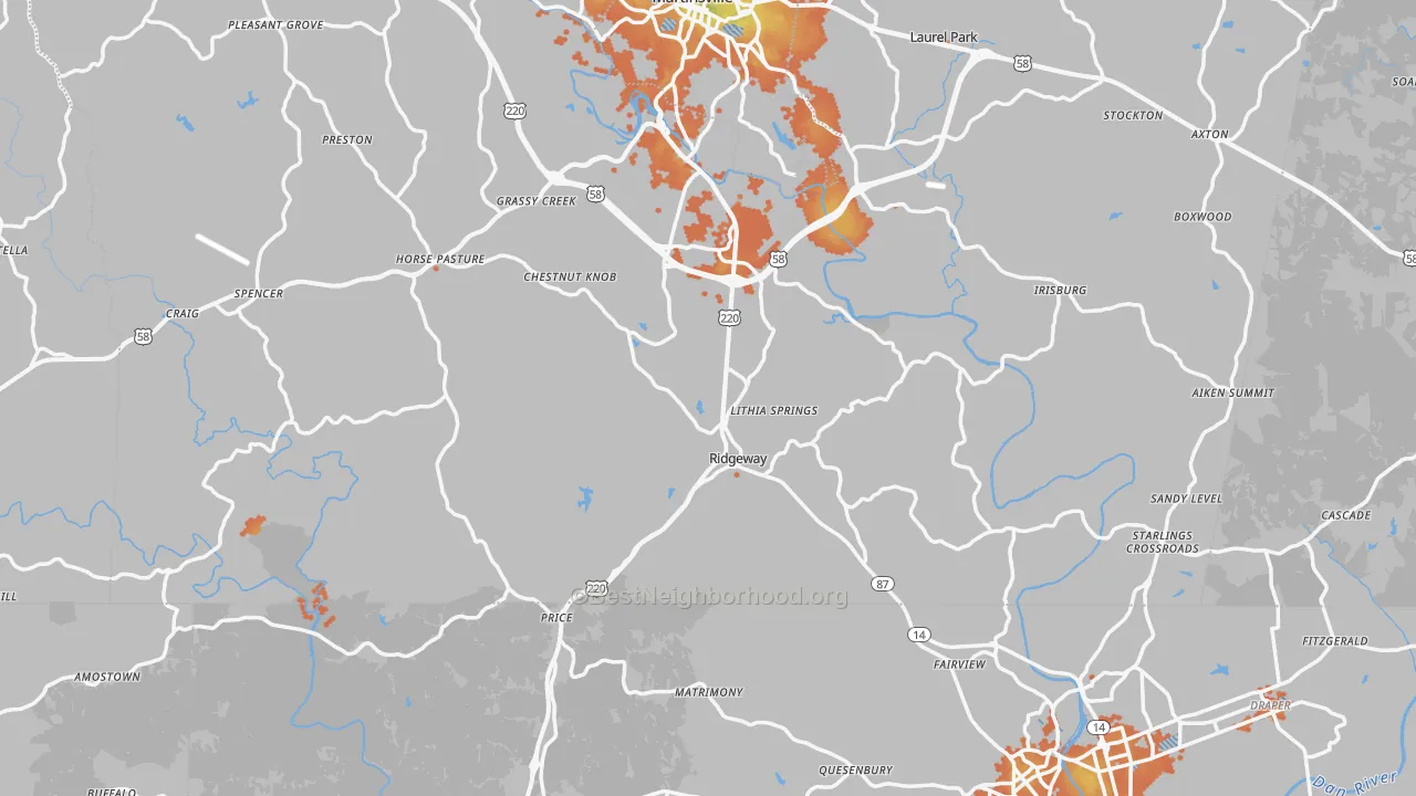 Bike Grade map of Ridgeway, VA