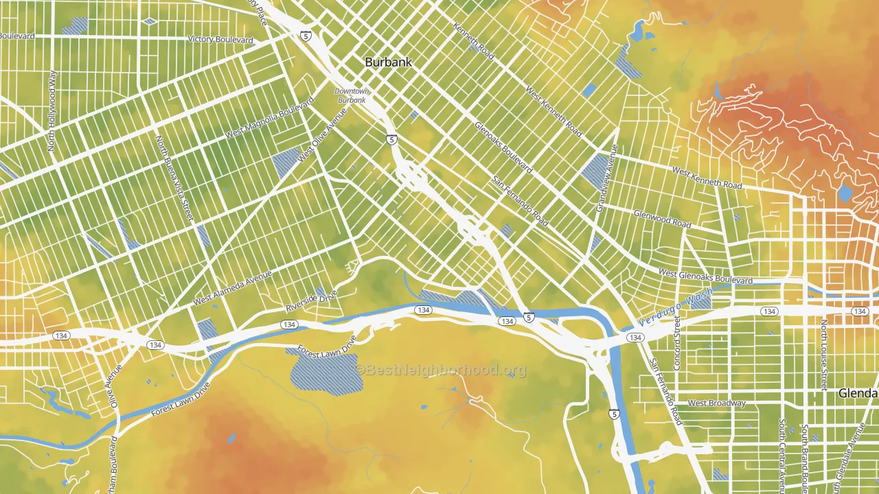 Bike Grade map of Riverside Rancho, Glendale, CA