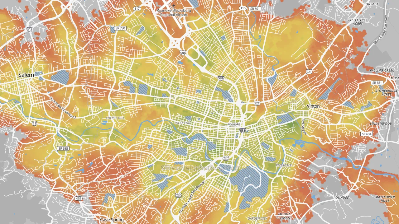 Bike Grade map of Roanoke City, VA