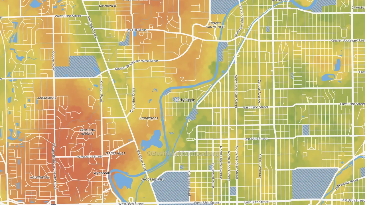 Bike Grade map of Rocky Ripple, IN