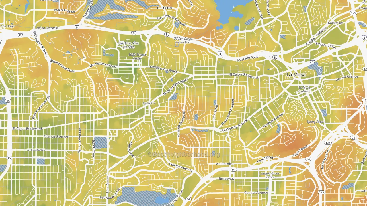 Bike Grade map of Rolando, San Diego, CA