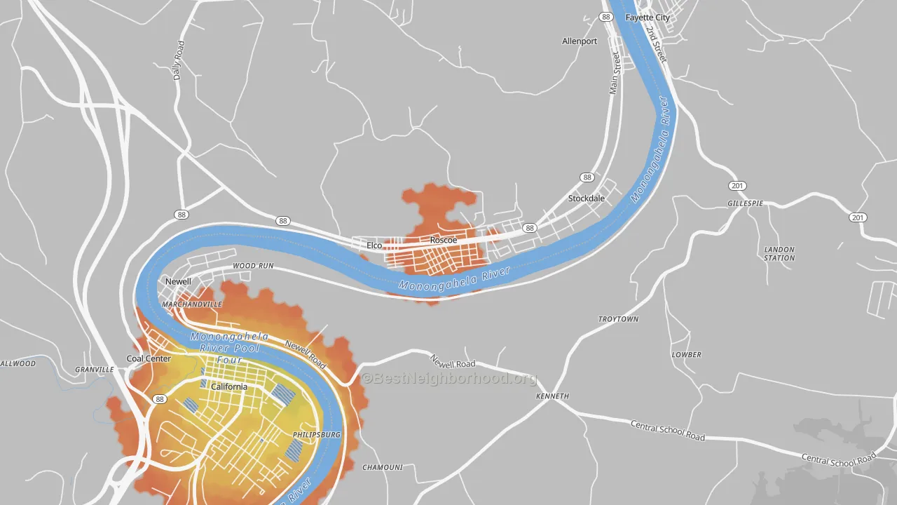 Bike Grade map of Roscoe, PA