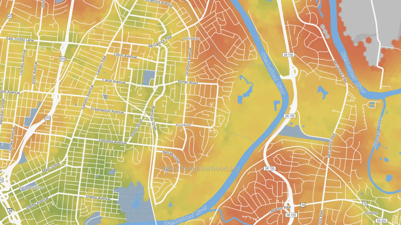 Bike Grade map of Rosebank, Nashville, TN