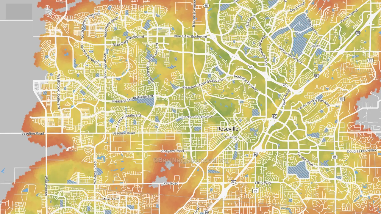 Bike Grade map of Roseville, CA
