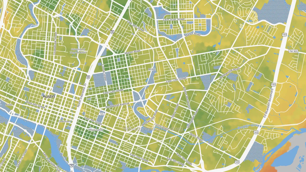 Bike Grade map of Rosewood, Austin, TX